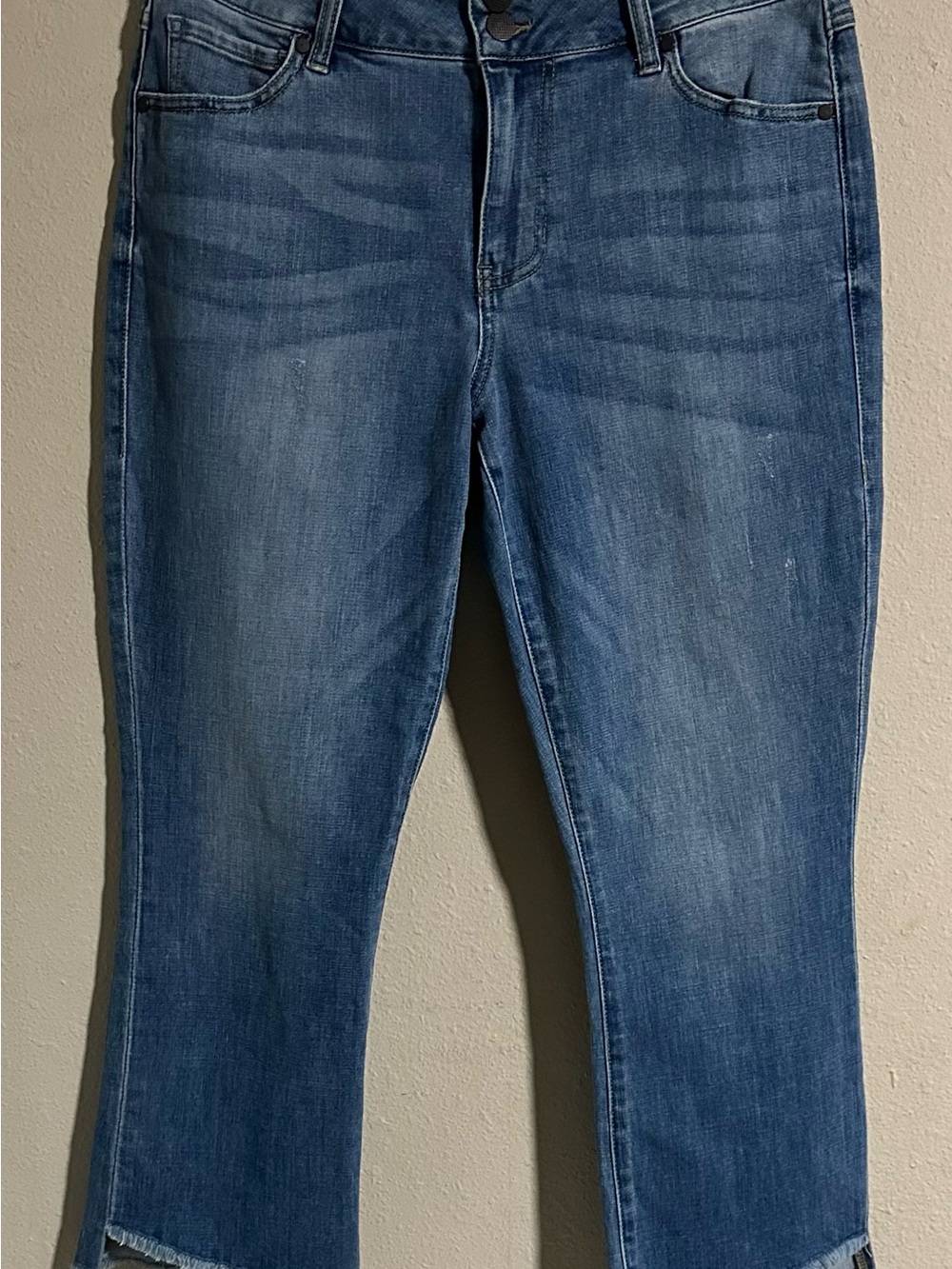 CAbi Hi-Low Cropped Ankle Jeans in Mid Blue Wash